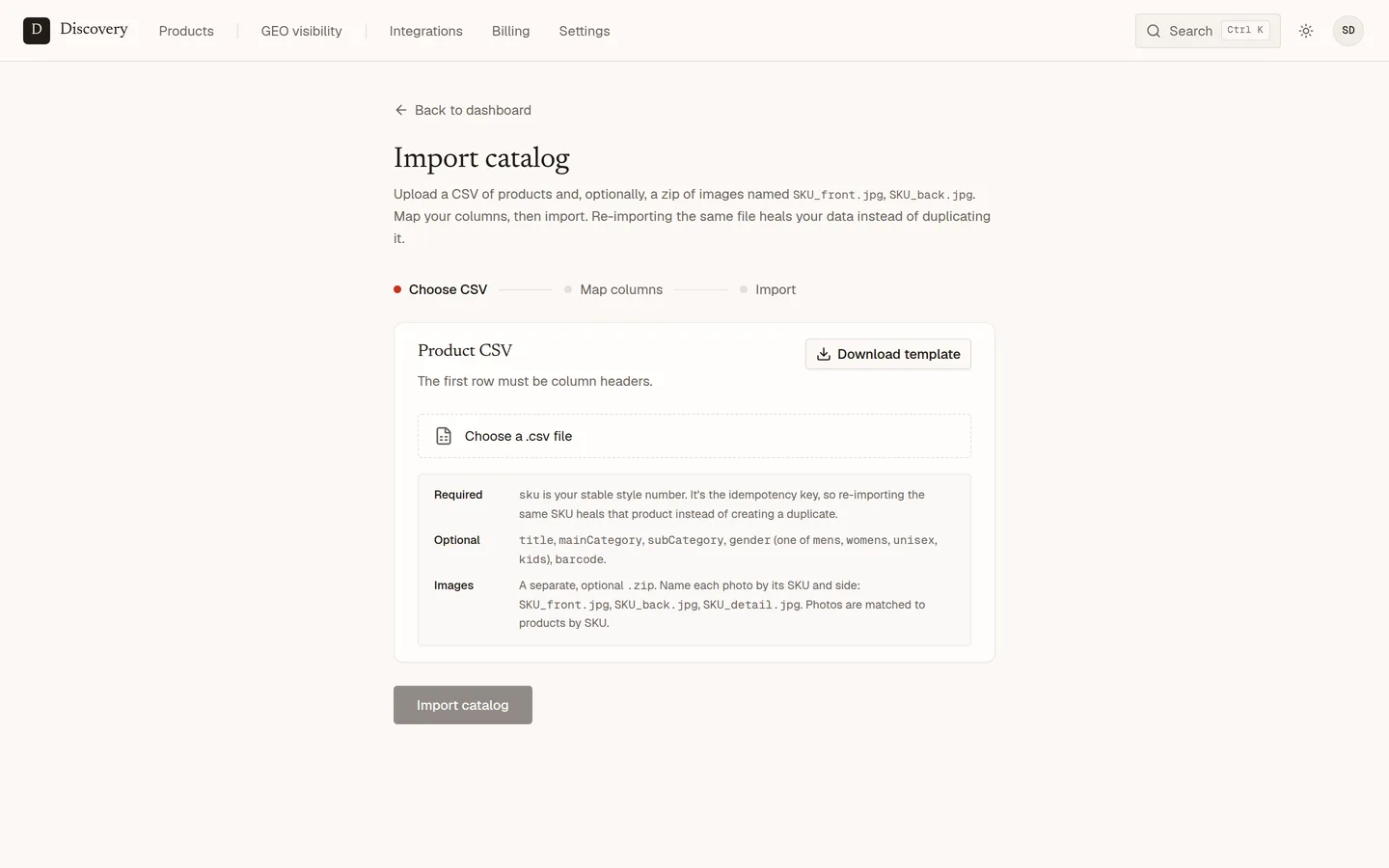 The bulk import screen, showing a CSV and image drop zone for a catalog upload.