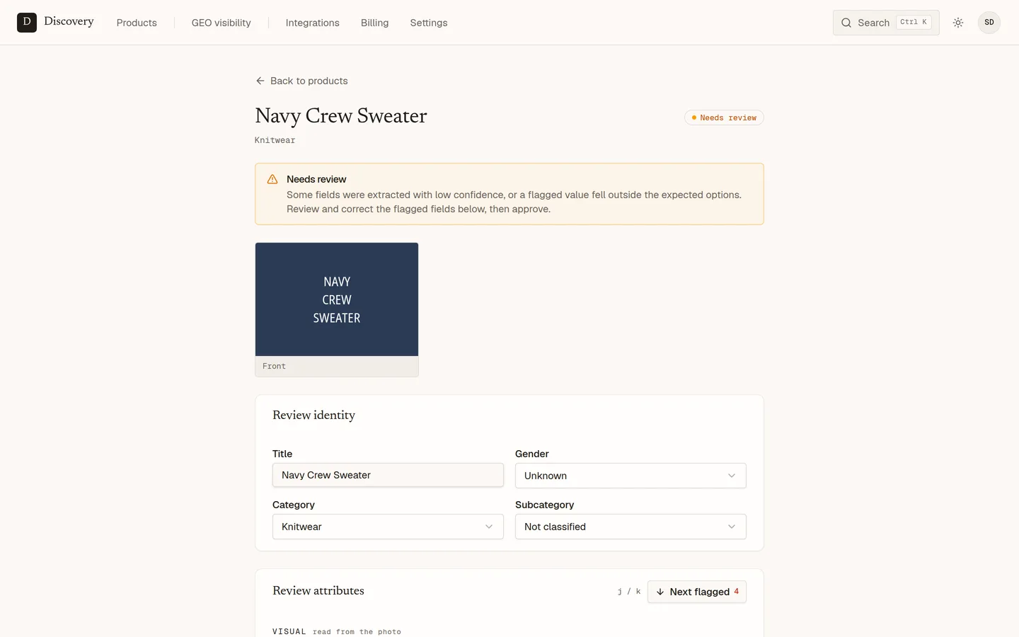 A product in the review flow with an amber needs-review banner and flagged fields awaiting approval.